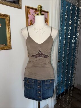 Vintage Y2K Beaded Detail Taupe V-Neck Cami Top